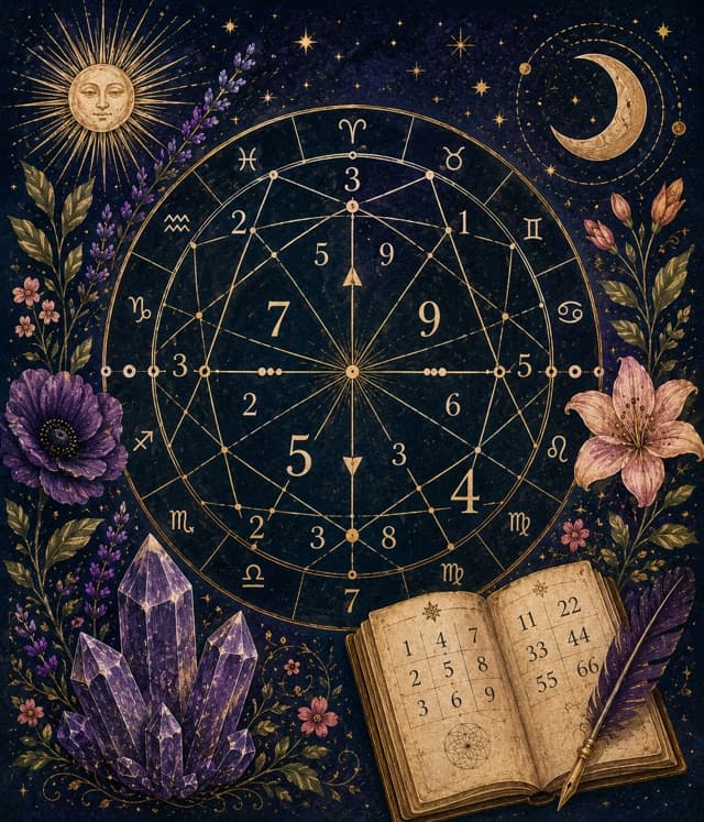 Ilustrace číslic mezi květy a hvězdami